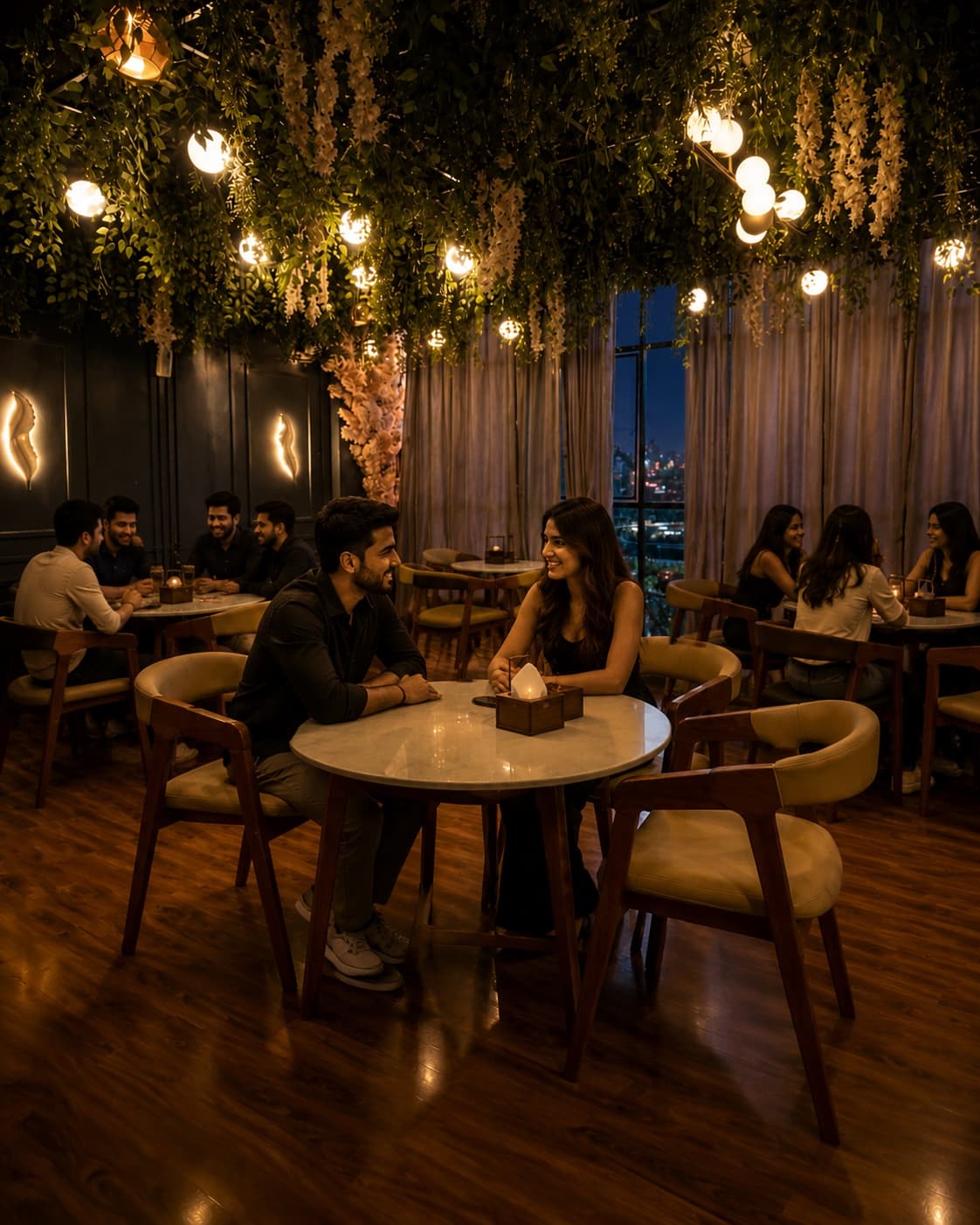 Rooftop hookah and evening ambience at Flames